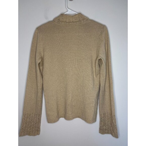 ANN TAYLOR CASHMERE V-Neck Sweater Womens S Gold Metallic Crochet Knit Stretch - Picture 2 of 6